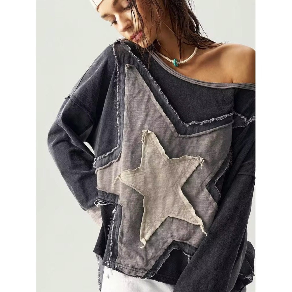 Shein Women's Oversized Star Patchwork Cut Edge Top‎ Charcoal Gray Sz 6